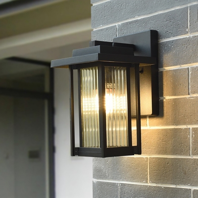 Clear Ribbed Glass Rectangle Wall Light Classic 1 Head Outdoor Wall Sconce in Black