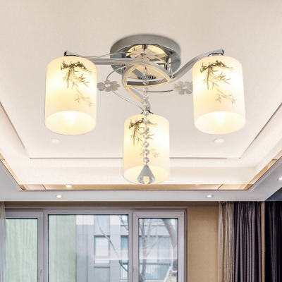 Contemporary Column Crystal Semi Flush 3 Lights Opal Glass Flush Mount in Chrome with Bamboo Pattern