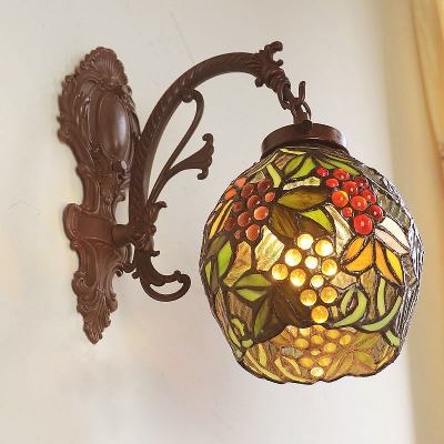 Copper 1 Bulb Wall Sconce Tiffany Grape-Pattern Stained Glass Cup Shaped Wall Mount Light