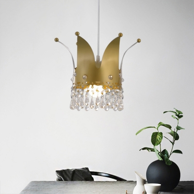 Crown Bedside Pendulum Light Metal 1-Light Modern Pendant Lamp in Gold with Crystal Fringe