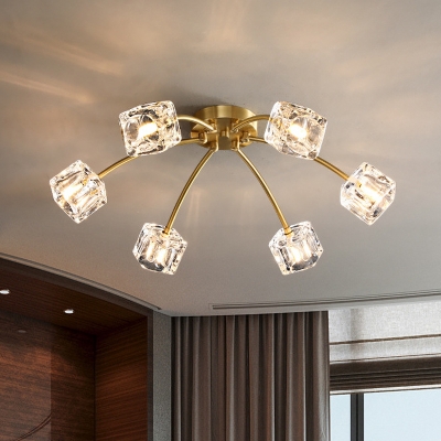 Crystal Brass Semi Mount Lighting Bursting Ice Cube 5-Light Postmodernist Flush Ceiling Light