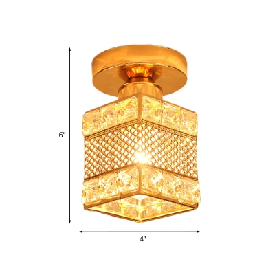 Crystal Cuboid Mini Flush Light Contemporary 1 Head Hallway Ceiling Mount Lamp with Trellis in Gold