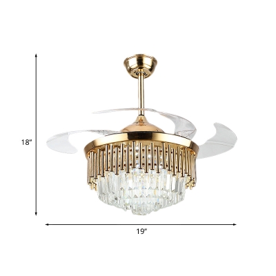 Crystal Rectangle Tiered Pendant Fan Light Modernist LED 3-Blade Semi-Flush Ceiling Lamp in Black/Gold Finish