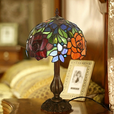 Cut Glass Rose Patterned Table Lighting Victorian 1-Bulb Bronze Night Lamp with Dome Shade