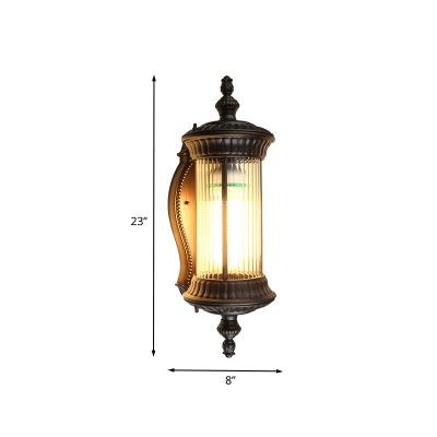 Dark Coffee Cylinder Surface Wall Sconce Rural Clear Ribbed Glass 1 Light Outdoor Wall Mount Light Fixture