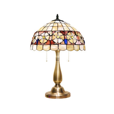 Domed Night Lamp 2-Head Shell Mediterranean Camellia Patterned Table Lighting in Gold with Pull Chain