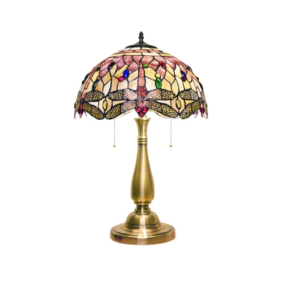 Dragonfly Shell Desk Lighting Baroque 2 Lights Gold Finish Night Lamp with Pull Chain