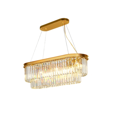 Dual-Layered Crystal Island Light Luxurious 7-Bulb Dining Room Suspension Lamp in Gold