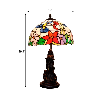 Flower Nightstand Lamp Victorian Stained Glass 1-Bulb Red/Beige Table Lighting with Design