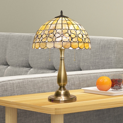 Gold Bowl Shade Night Table Lamp Tiffany 2 Lights Shell Petal Patterned Nightstand Lighting with Pull Chain