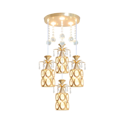 Gold Cylindrical Multi Light Pendant Modernism 4-Light K9 Crystal Down Lighting with Round Canopy