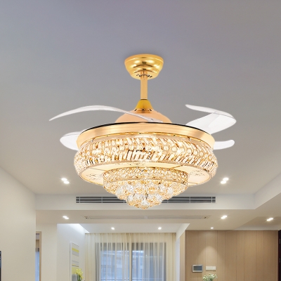Gold Layered Drum Hanging Fan Light Contemporary LED Crystal Semi Mount Lighting with 4 Clear Blades, 42.5