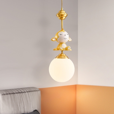 Gold Monkey Sleeping Pendant Light Kit Kids 1 Bulb Resin Down Lighting with Ball Opal Glass Shade