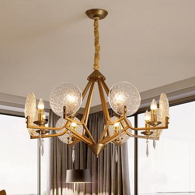 Gold Open Diamond Hanging Light Postmodern Metal 8 Heads Parlor Chandelier with Circles Textured Glass Shield