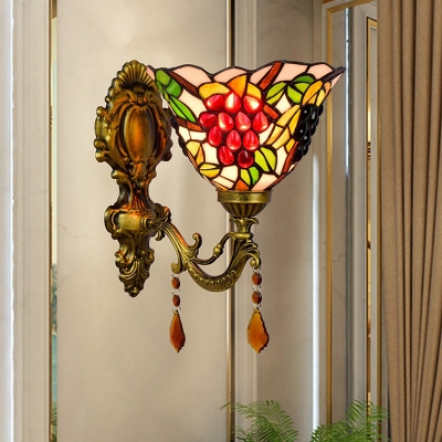 Grapes Pattern Flared Wall Lamp Tiffany Stained Glass 1 Light Brass Wall Sconce Lighting