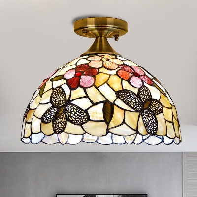 Handcrafted Shell Dome Flush Mount Tiffany 1 Head Brass Close to Ceiling Light with Butterfly Pattern