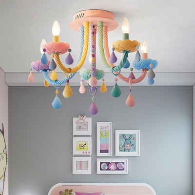 Iron Candelabra Flush Chandelier Macaron 5/6 Heads Multi-Color Semi Mount Lighting with Stained Glass Drop