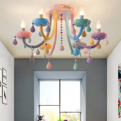 Iron Candelabra Flush Chandelier Macaron 5/6 Heads Multi-Color Semi Mount Lighting with Stained Glass Drop