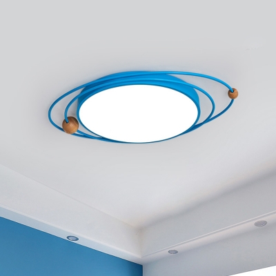 Iron Orbital Planet Flush-Mount Light Nordic Grey/White/Blue LED Close to Ceiling Lighting with Wood Ball