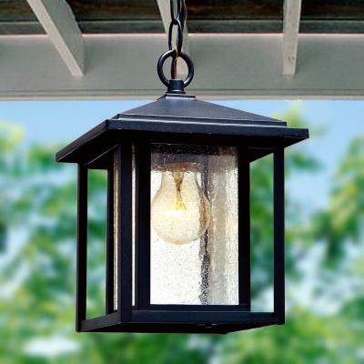 Lantern Shape Clear Bubble Glass Hanging Ceiling Light Rustic 1 Head Corridor Drop Pendant in Black