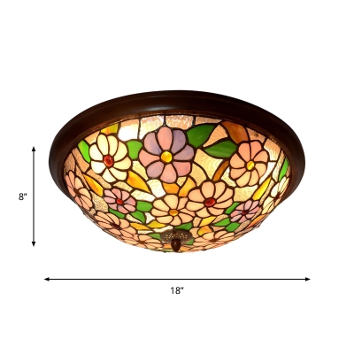 LED Foyer Ceiling Flush Tiffany Coffee Flush Mount Lamp with Peony Blossom Stained Glass Shade