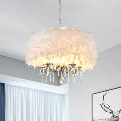 Modernist Drum Chandelier 5-Bulb Handmade Feather Ceiling Pendant Lamp with K9 Crystal in White