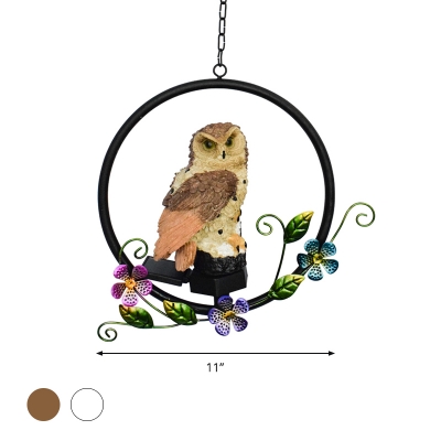 Night Owl Patio Outdoor Hanging Lamp Resin Nordic Style Solar Charging LED Pendant Light Fixture in Brown/White