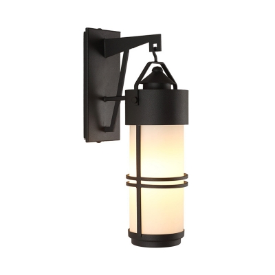 Opal Glass Cylinder Wall Mount Light Retro 1 Bulb Stair Wall Sconce Lighting in Black