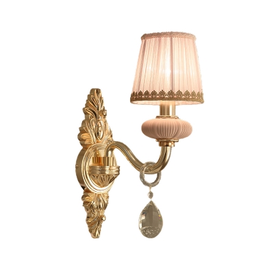 Pleated Fabric Pink Wall Lighting Tapered 1/2-Bulb Rustic Sconce Light with Braided Trim