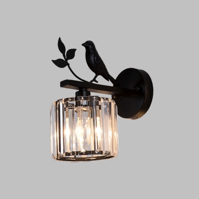 Prismatic Crystal Cup Wall Lighting Modern 1-Light Bedroom Sconce Light with Twig and Bird Decoration in Black/Gold