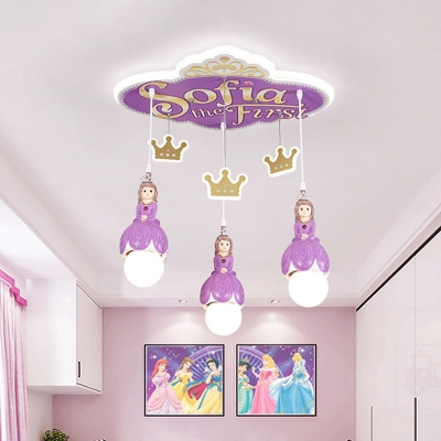 Purple Princess Multi Hanging Light Cartoon 3 Heads Acrylic Down Lighting Pendant with Exposed Bulb Design