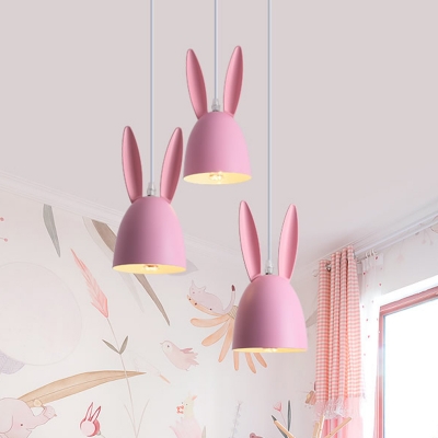 Rabbit Kids Room Cluster Pendant Iron 3 Heads Cartoon Hanging Ceiling Light in Pink/Blue