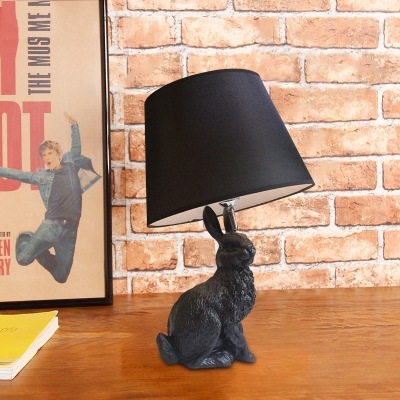 Resin Rabbit Nightstand Lamp Minimalism 1 Head Table Light with Conic Fabric Shade in Black