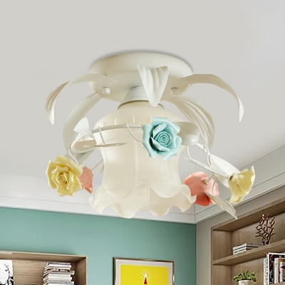 Romantic Pastoral Scalloped Semi Flush 1 Head Opal Glass Flush Light in White/Green and Pink with Rose Decor