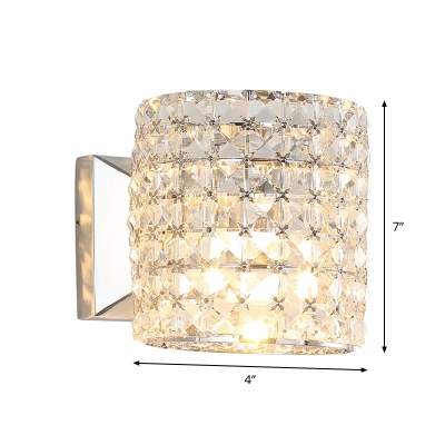 Short Cylinder Bedside Wall Light Modern Trellis Crystal 1-Light Clear Sconce Light Fixture