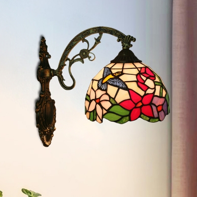 Single Bird and Flower Sconce Light Tiffany Stained Glass 1 Head Bronze Wall Lighting Fixture