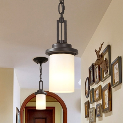 Single-Bulb Pendant Ceiling Light Minimalist Pillar White Glass Hanging Lamp for Corridor
