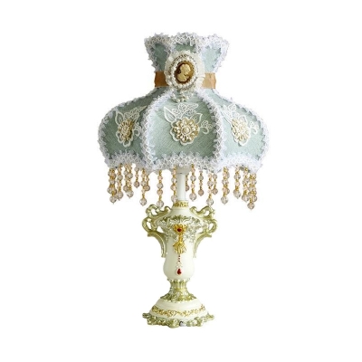 Single Hand-Embroidered Fabric Night Lamp European Garden Blue-Green Royal Dress Bedroom Table Light with Beaded Drape