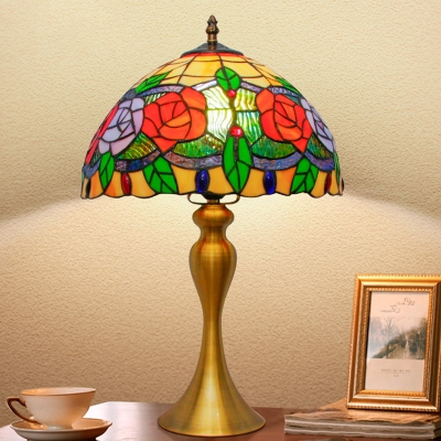 Single Table Stand Light Tiffany Rose Pattern Stained Art Glass Night Lamp in Gold
