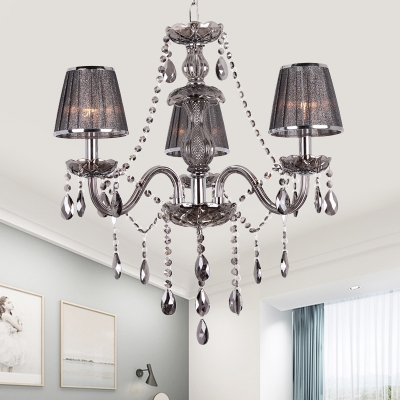 Smoke Grey 3-Bulb Chandelier Pendant Postmodern Gathered Fabric Cone Shape Drop Lamp with Crystal Stands