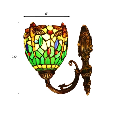 Tiffany Style Bell Wall Mounted Light 1 Bulb Green Cut Glass Sconce Lamp with Dragonfly Pattern in Brass