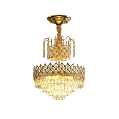 Traditional 2 Layer Chandelier Light Fixture K9 Crystal LED Ceiling Pendant Lamp in Gold