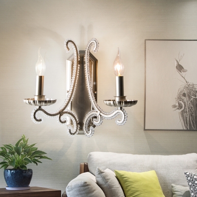 Traditional Candle Wall Sconce 1/2-Head Iron Wall Light Fixture in Silver with Crystal Bead