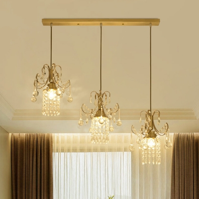 Traditional Draped Multi Hanging Light 3 Bulbs Crystal Pendant Lamp with Swirly Top in Gold