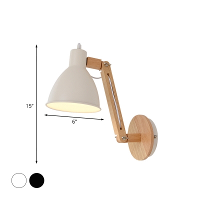 White/Black Finish Domed Wall Lighting Modern 1 Head Iron Wall Lamp Fixture with Wooden Swing Arm