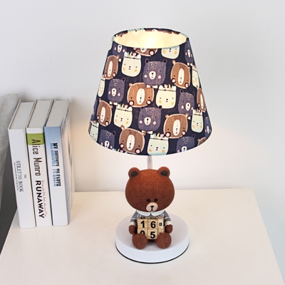 White Bucket Night Table Lamp Kids 1 Bulb Fabric Nightstand Lighting with Bear/Rabbit Base