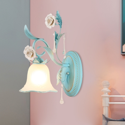 1/2-Bulb Curving Sconce Pastoral Blue Frosted Glass Wall Lamp with Rose Decoration and Draping