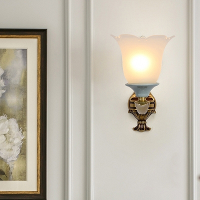 1/2-Light Wall Lighting Fixture Vintage Bloom Milk Glass Wall Sconce Light in Brass for Living Room