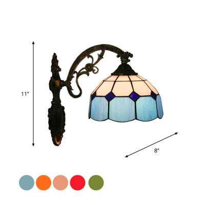 1 Bulb Grid Bowl Wall Lamp Tiffany Red/Pink/Blue and White Glass Sconce Light Fixture with Carved Bent Arm