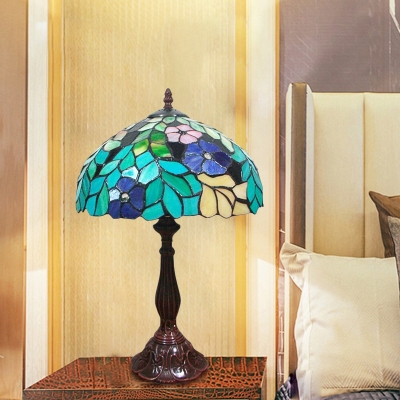 1 Bulb Night Table Light Tiffany Bowl Stained Art Glass Leaf and Floral Patterned Nightstand Lamp in Coffee for Bedroom